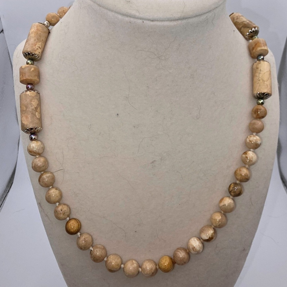 Handcrafted Himalayan Style Stone Bead Necklace Single Strand Tan Good Marblized